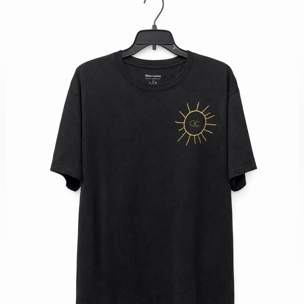 Champion Black Men’s Size Large T-Shirt With Cool Hand-Embroidered Sunshine.